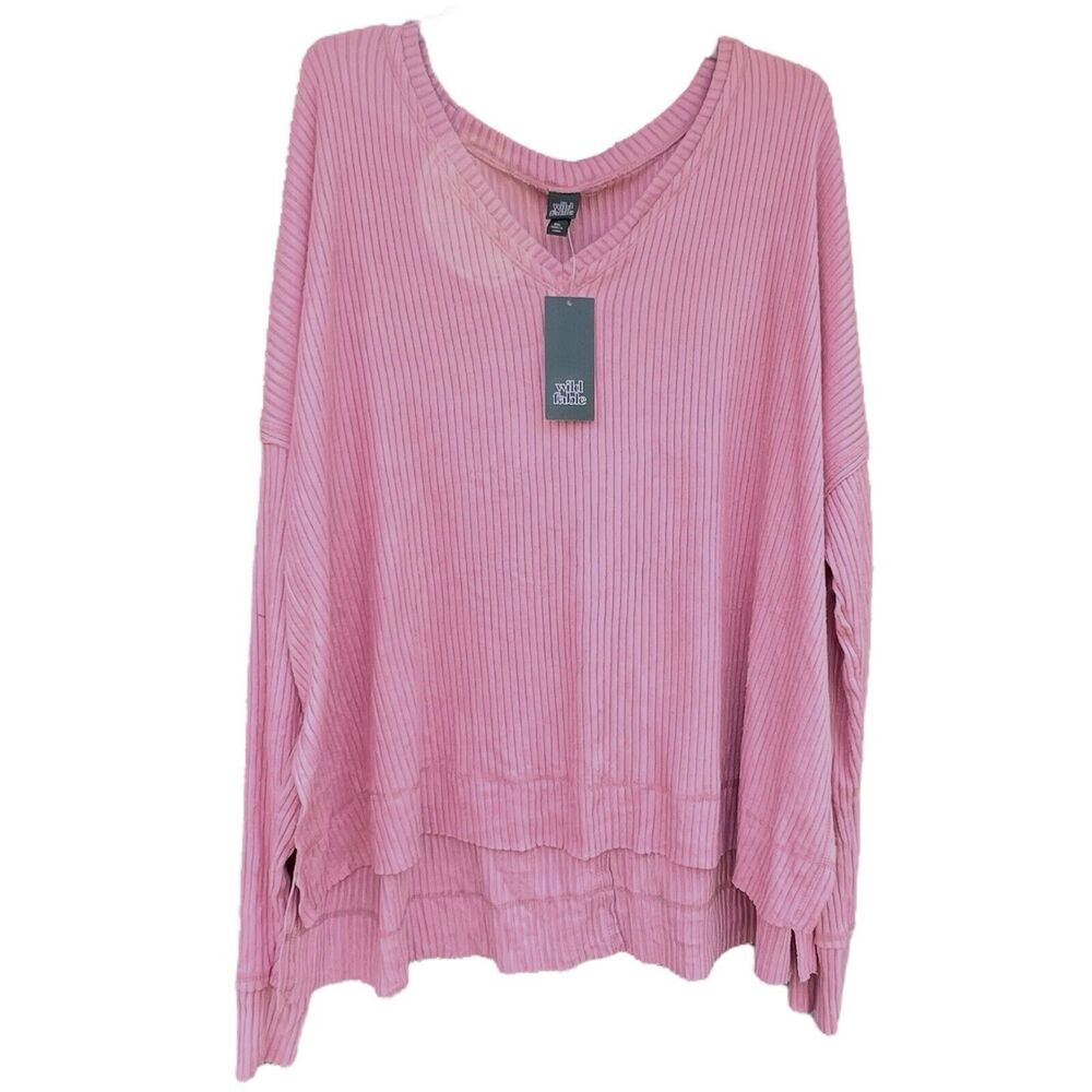 NWT Wild Fable Womens Ribbed top Size XXL Pink Long Sleeve V-Neck Oversized